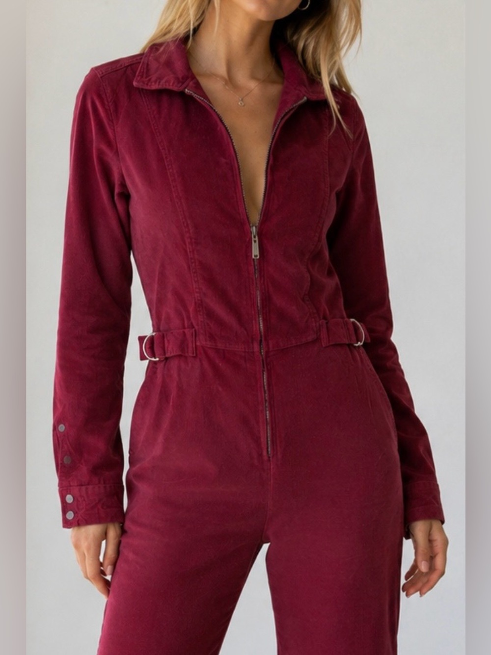 Free People Corduroy Zip-Front Jumpsuit in Burgundy - Picture 4 of 13